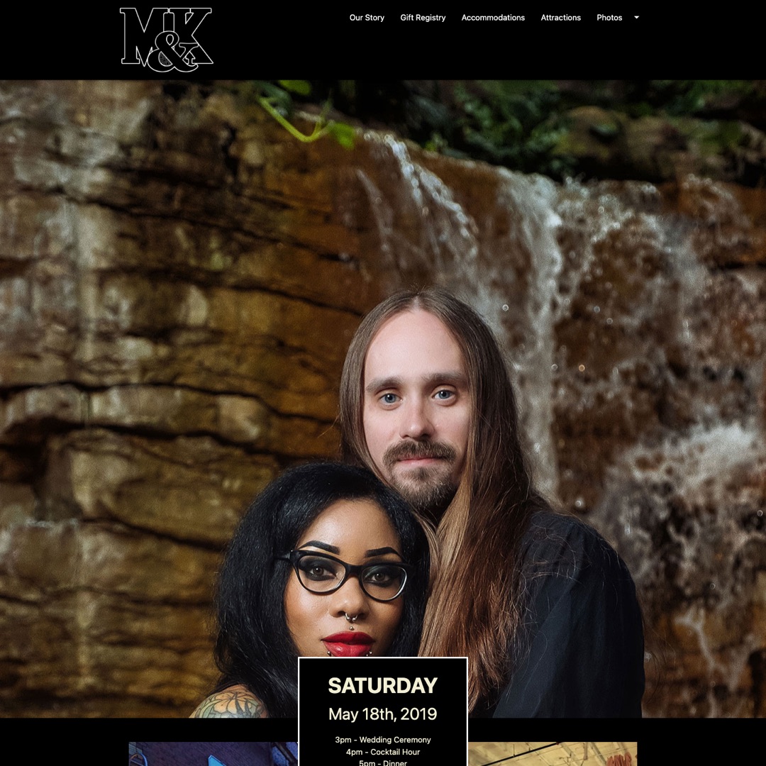 Landing page of miahandkeni.com showing the M&K monogram, a couple in front of a waterfall, and the Saturday May 18th wedding date card.