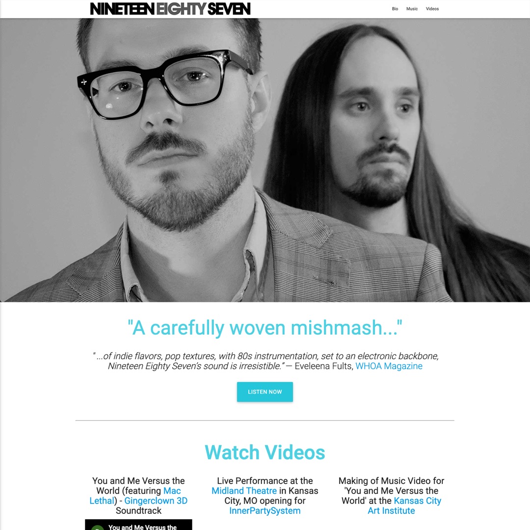 Landing page of nineteeneightyseven.com with the band wordmark, black-and-white duo portrait, and 'A carefully woven mishmash...' pull quote.